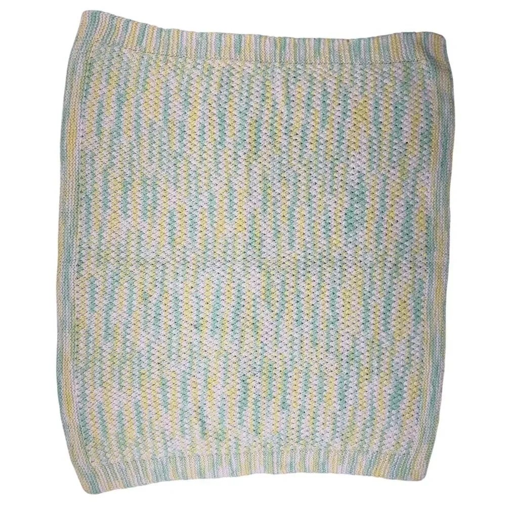 Vintage 1970s Hand Knit Baby Blanket Pastel Yellow Green Stripe 32x34